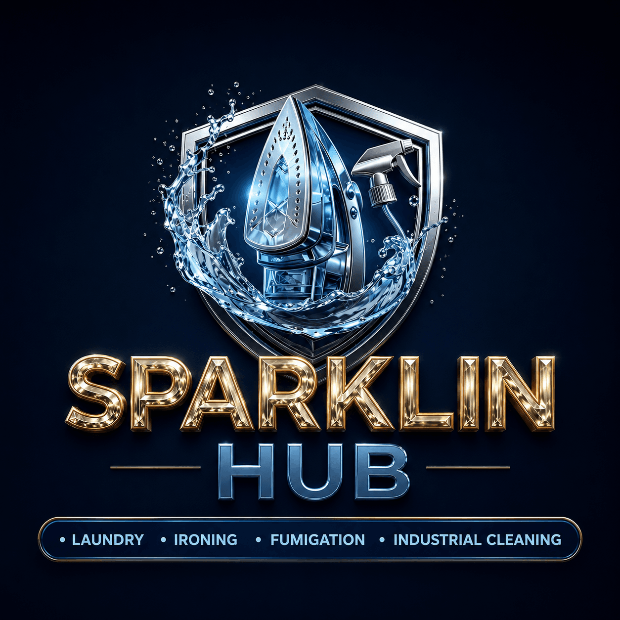 Sparklin Hub crest — shield, iron and spray emblem